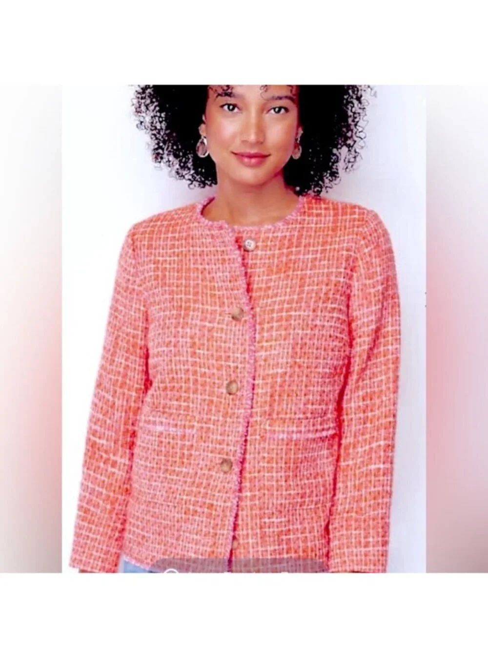 J. Jill Coral Pink Tweed Textured Jacket Fringe Trim Cotton Blend XL - Picture 3 of 8
